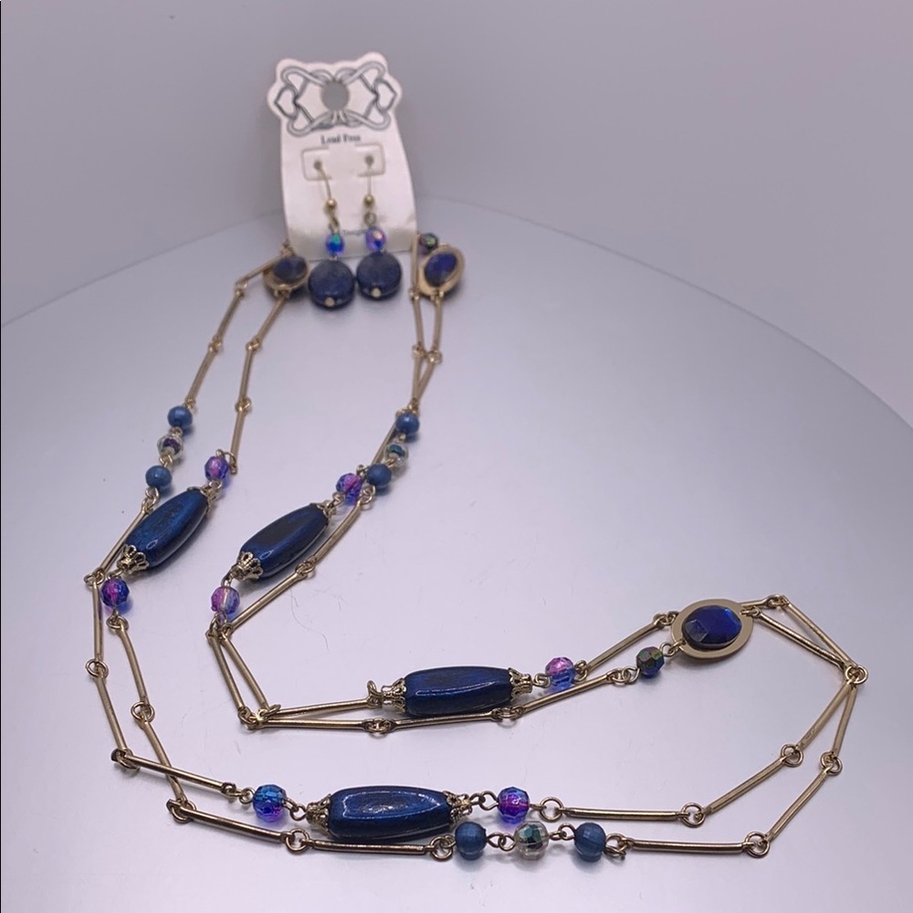 Gold Tone Blue and‎ Purple Beaded Necklace 27” and Earring Set